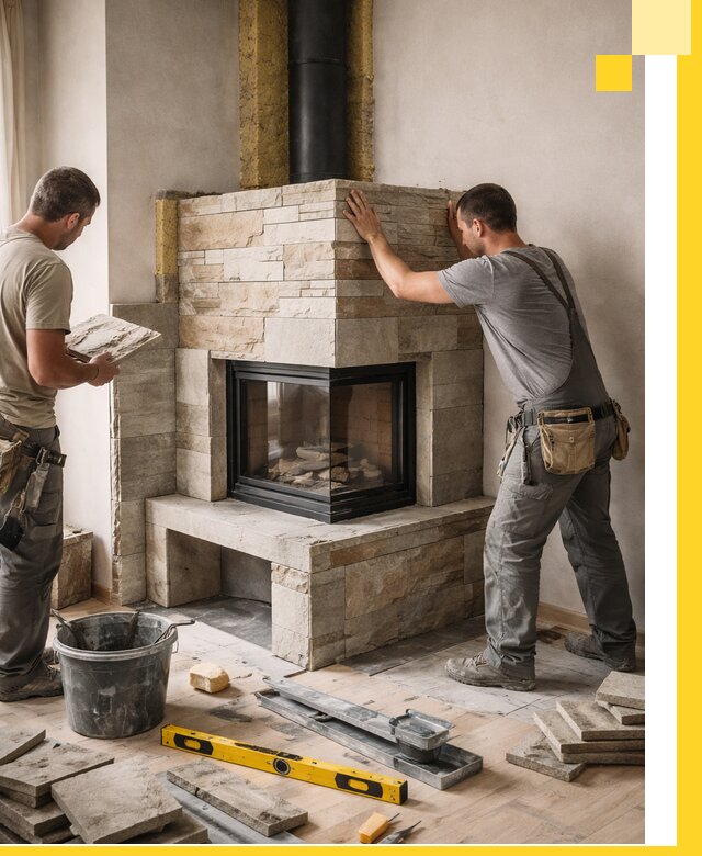 Угловые камины под ключ проект, монтаж и отделка в Сафонове